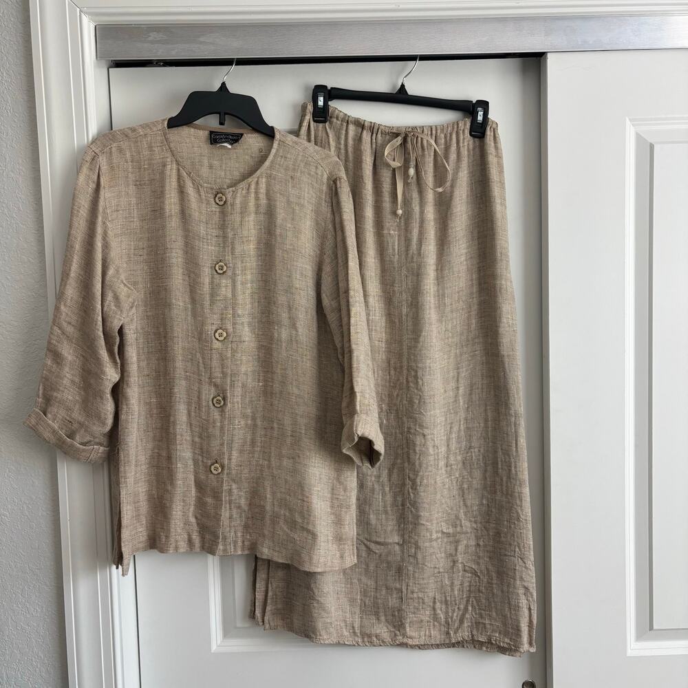 VTG Carol Anderson Collection Tan 100% Linen 2pc Set S/M Maxi Skirt Top 90s